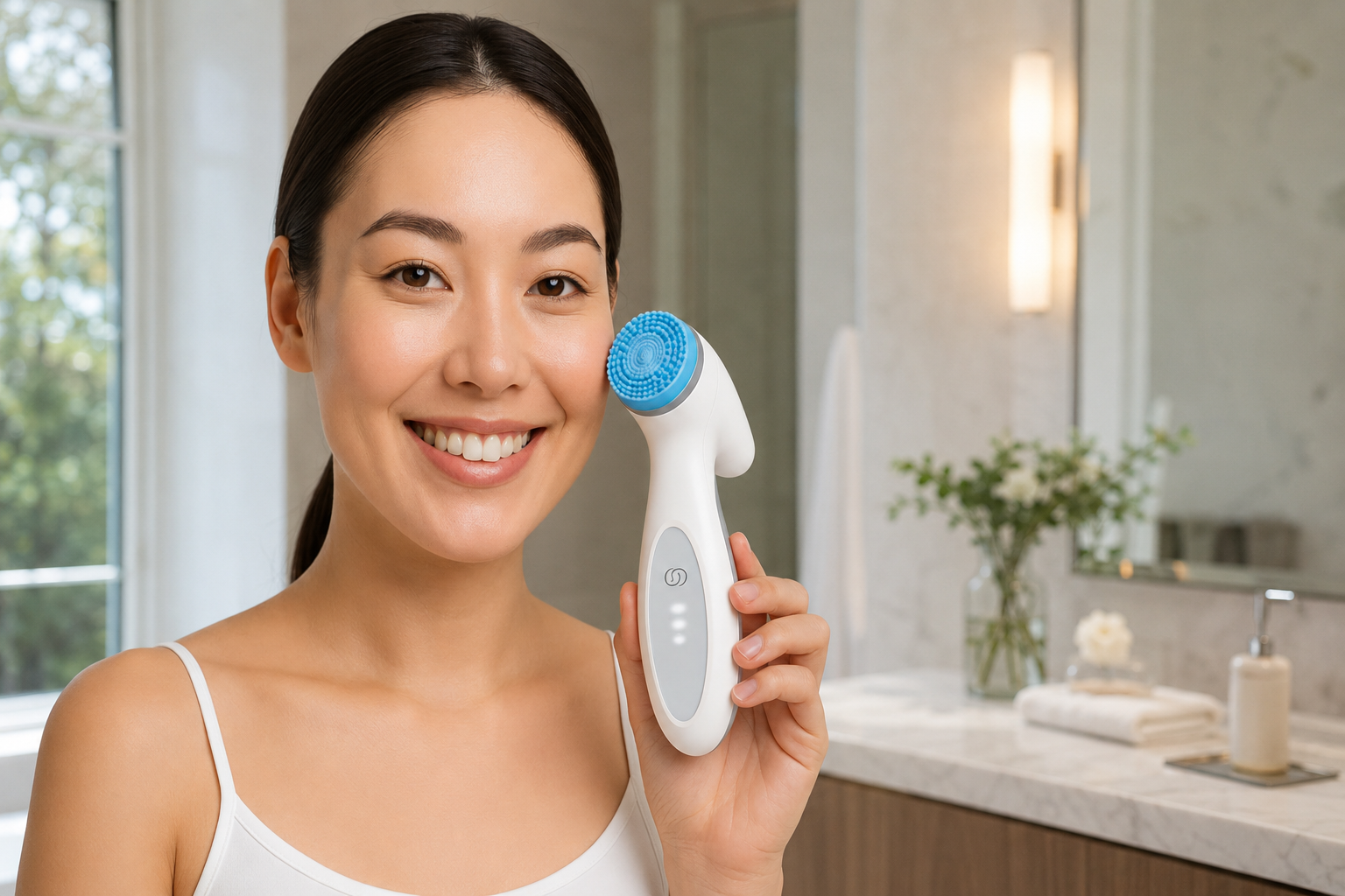 Woman holding a skincare device in a bathroom setting